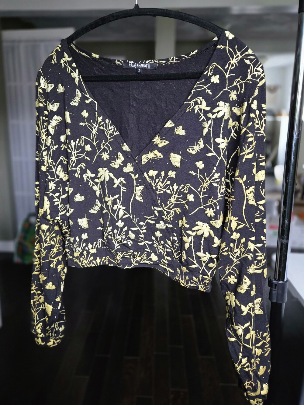 Thief And Bandit Wrap Style Top Metallic Gold Moth Print Pattern